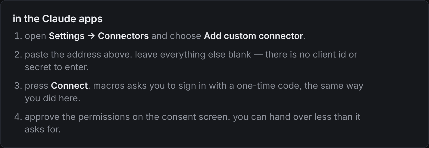 four steps to add macros as a custom connector in the Claude apps
